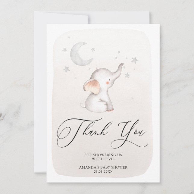 Carte De Remerciements Beau éléphant Beige Sexe Baby shower neutre (Devant)