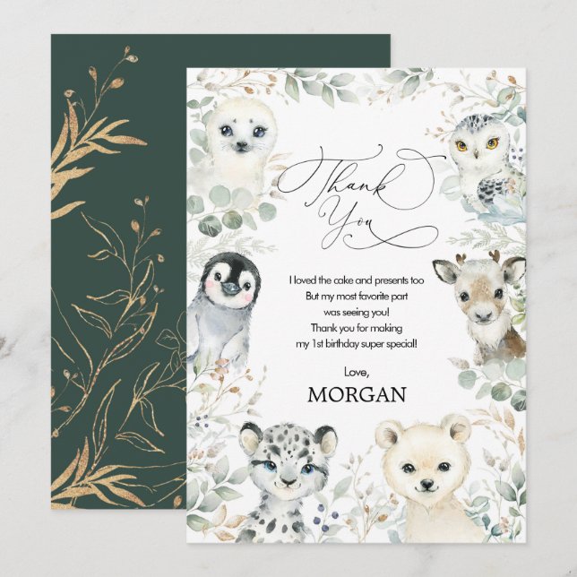 Carte De Remerciements Beau hiver Animaux arctiques Verdure Anniversaire (Devant / Derrière)
