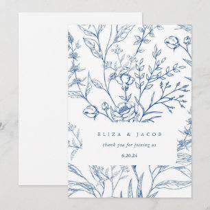 Carte De Remerciements Beau Mariage Floral Bleu et Blanc