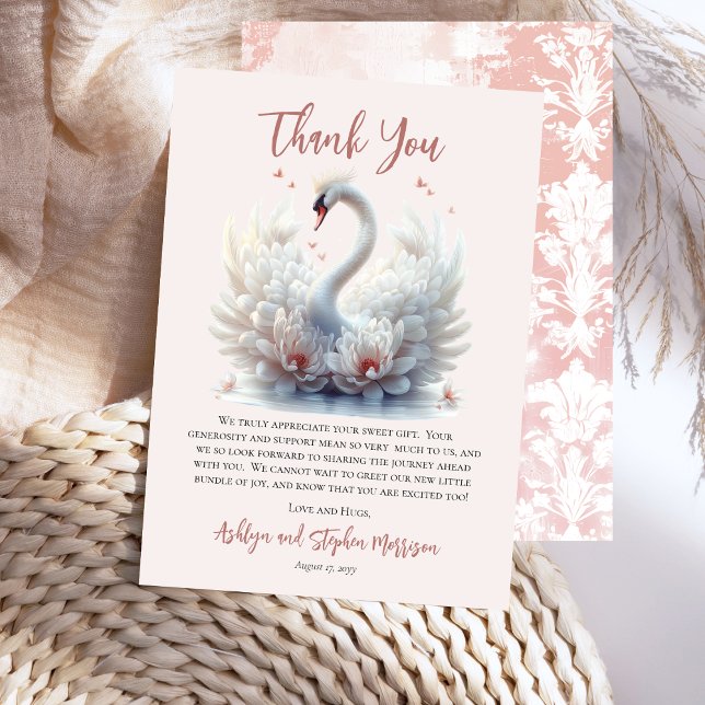 Carte De Remerciements Beau Swan rose Floral Damask Girl Baby shower (Beautiful Swan Pink Floral Damask Girl Baby Shower Thank You Card)