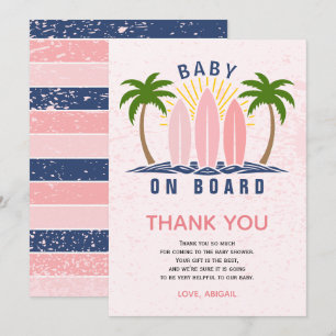 Carte De Remerciements Bébé à bord surf splash rose bébé douche