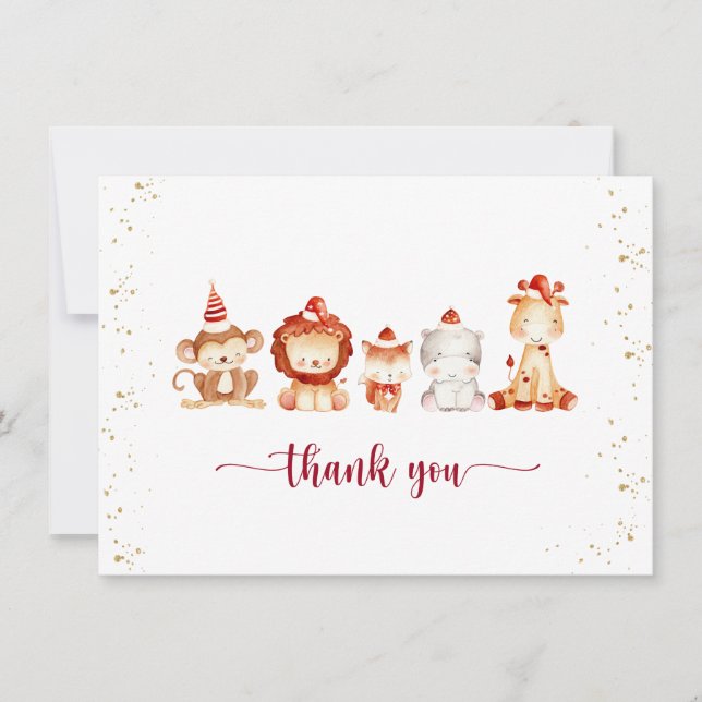 Carte De Remerciements Bébé Animaux en Casquettes de la fête rouge (Devant)