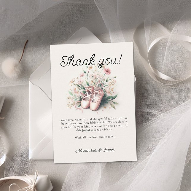 Carte De Remerciements Bébé Ballerina Chaussures Fleur sauvage Ruban Girl (ballerina baby shower thank you card girl ballet shoes wildflowers watercolor cute adorable girl)