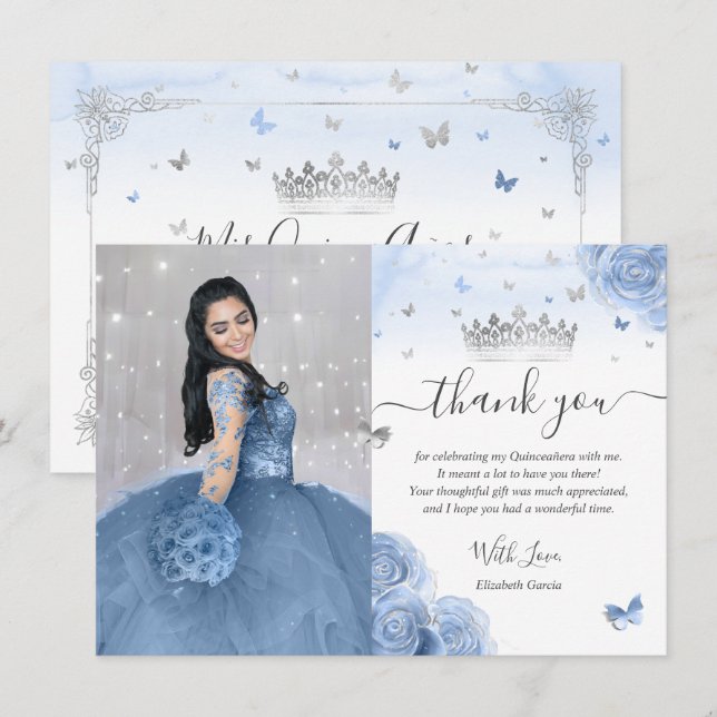 Carte De Remerciements Bébé Bleu Argent Quinceañera Photo Anniversaire (Devant / Derrière)