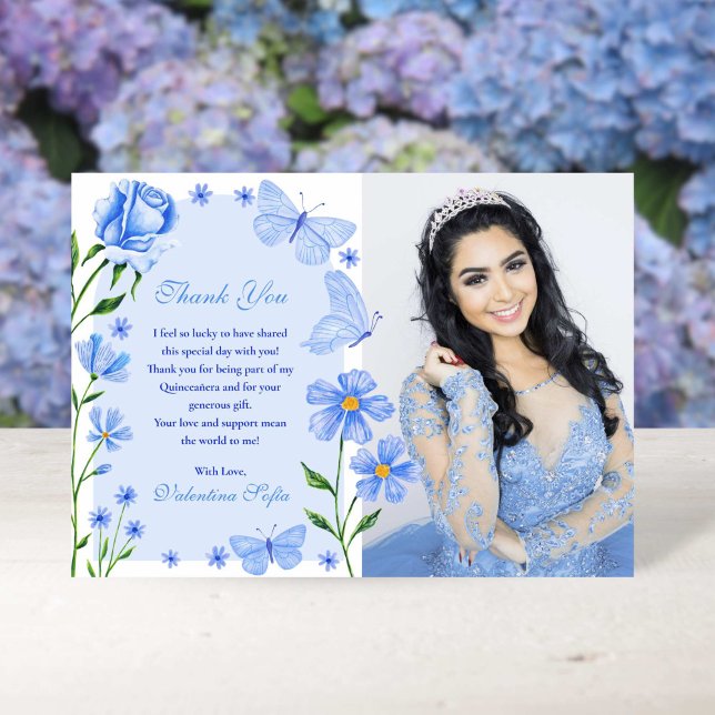 Carte De Remerciements Bébé Bleu Papillons Floraux Photo Quinceañera (Baby Blue Floral Butterflies Photo Quinceañera Thank You Card)