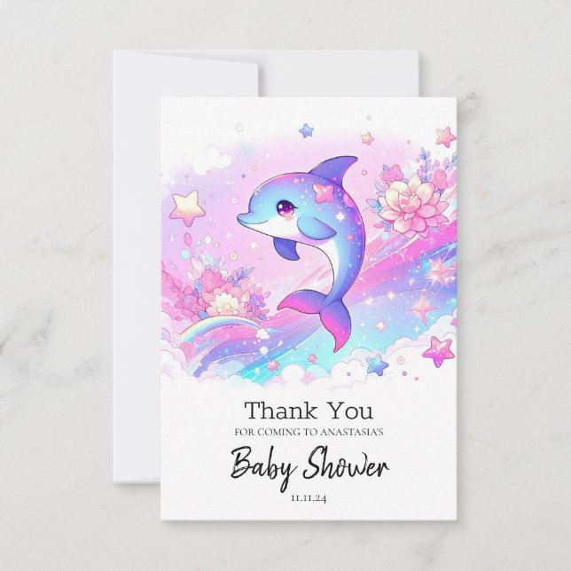 Carte De Remerciements Bébé dauphin mignon et rêveur: Fête prénatale (Devant)