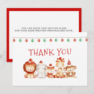 Carte De Remerciements Bébé de Noël Animaux en Casquette de la fête rouge