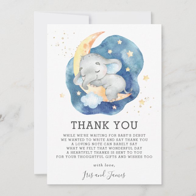 Carte De Remerciements Bébé dormant Eléphant Twinkle Star Douche garçon (Devant)