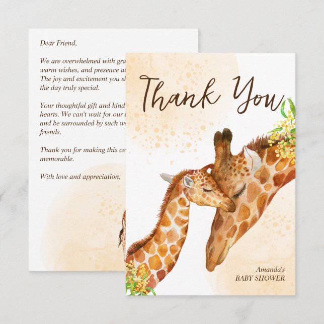 Carte De Remerciements Bébé en chemin bébé girafe et baby shower de maman (Devant / Derrière)
