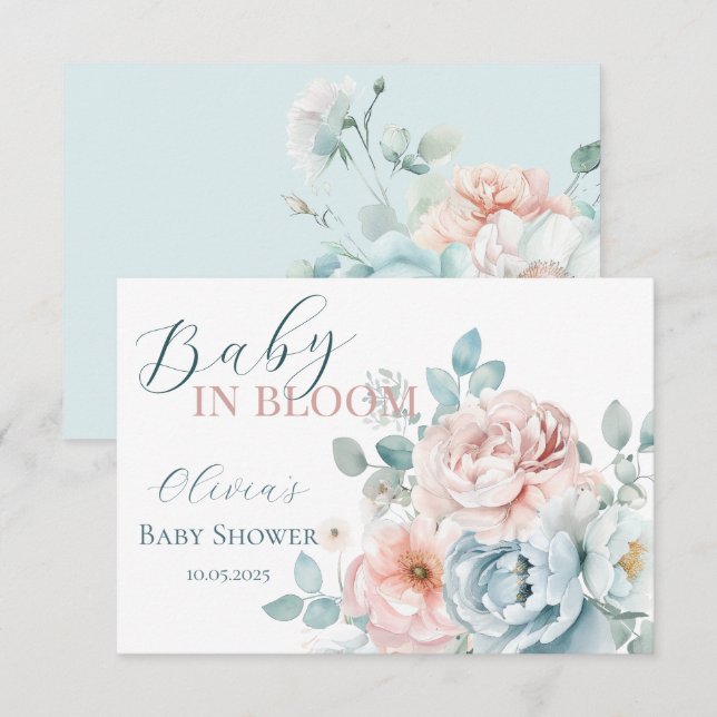 Carte De Remerciements Bébé en fleur Dusty Baby shower bleu (Devant / Derrière)