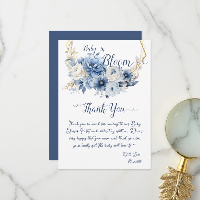 Carte De Remerciements Bébé en fleur Elégant Baby shower Fleurs Bleues (Devant/Arrière en situation)