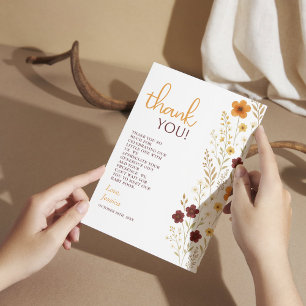 Carte De Remerciements Bébé en fleurs Baby shower Fleur sauvage d'automne