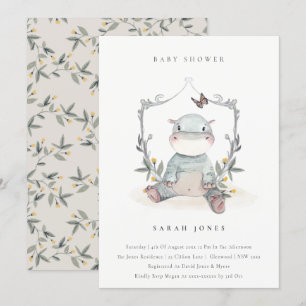 Carte De Remerciements Bébé jaune mignon Hippo Foliage Baby shower Invita