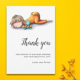 Carte De Remerciements Bébé mignon dormant Baby shower orange neutre
