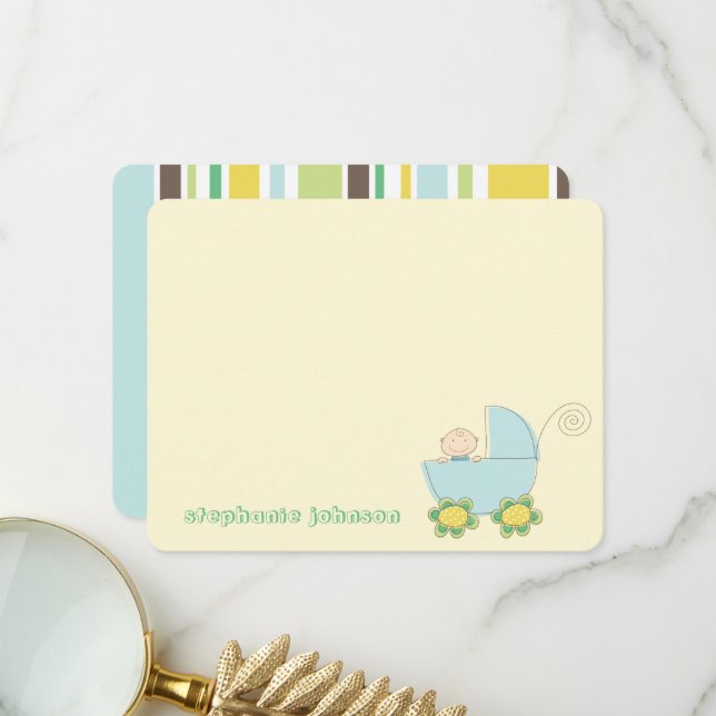 Carte De Remerciements Bébé mignon Garçon En Bleu Pram Baby shower Whimsi (Devant/Arrière en situation)