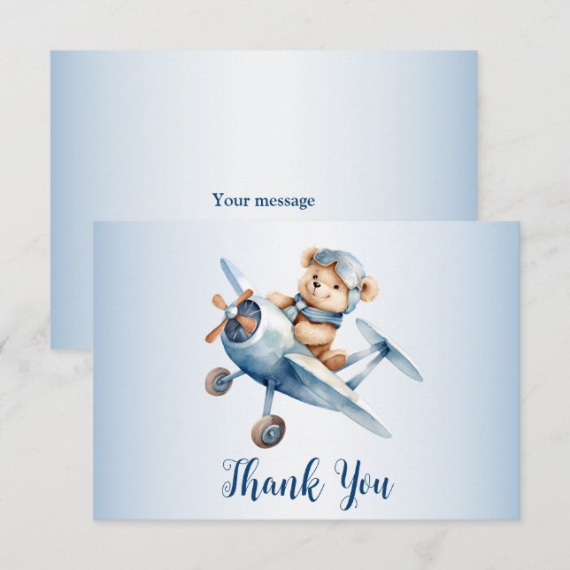 Carte De Remerciements Bébé mignon Ours Pilote Avion Bleu Beau (Devant / Derrière)