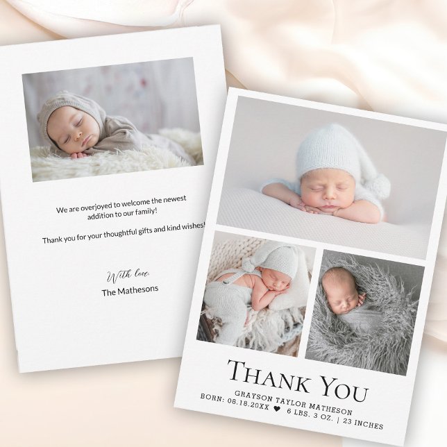 Carte De Remerciements Bébé noir blanc Garçon Grille photo État de naissa (Cute baby newborn photos thank you and birth announcement cards.)