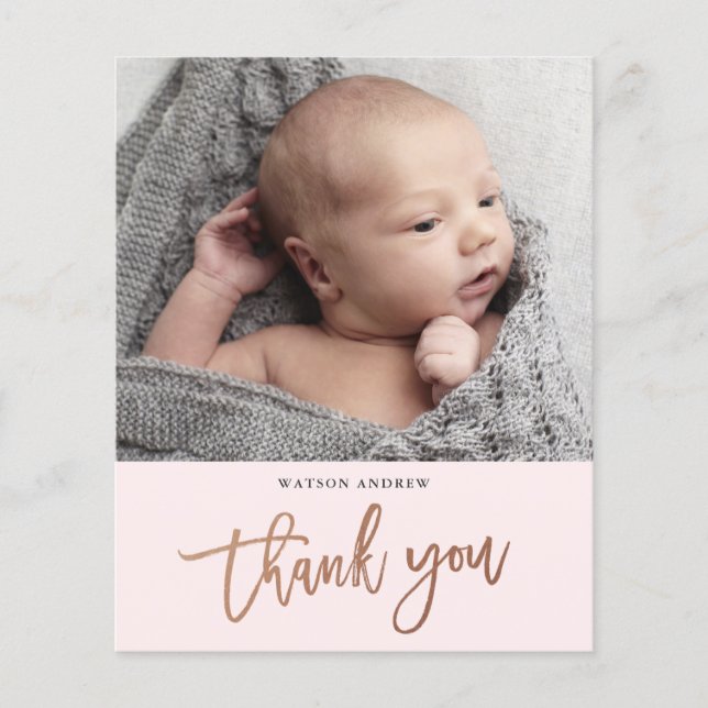 Carte de remerciements bébé photo de script modern (Devant)