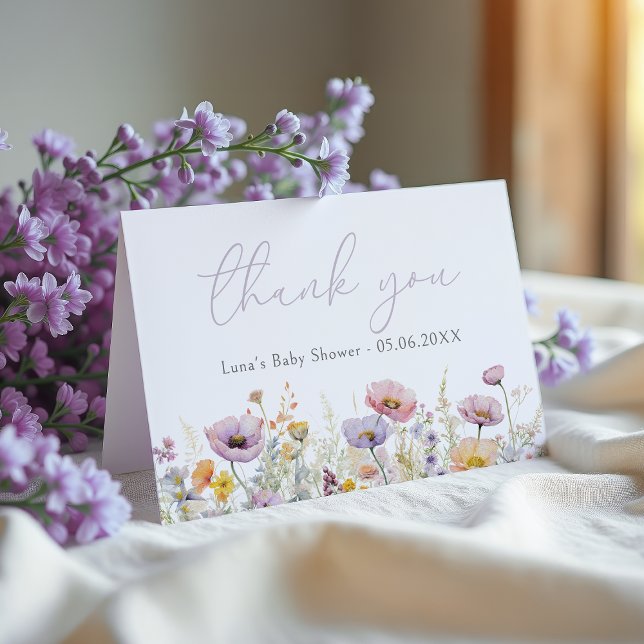 Carte De Remerciements Bébé pourpre dans le Baby shower Fleur sauvage fle (Créateur téléchargé)