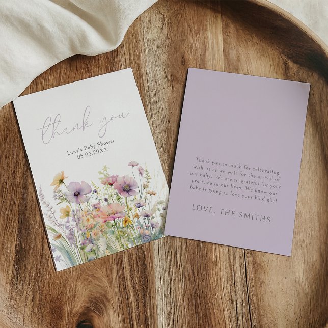 Carte De Remerciements Bébé pourpre en fleur Baby shower Fleur sauvage pl (Créateur téléchargé)