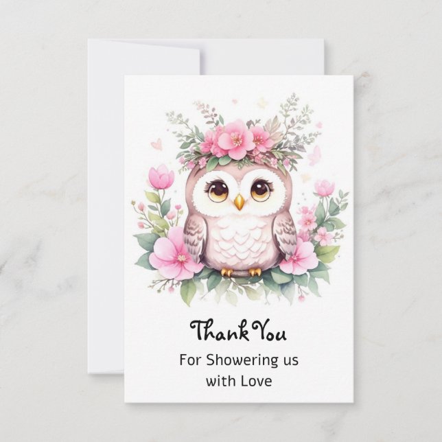 Carte De Remerciements Bébé rose Hibou Douche fille (Devant)