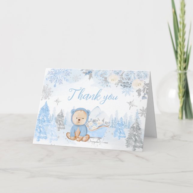 Carte De Remerciements Bébé son froid dehors Baby shower d'ours bleu (Devant)