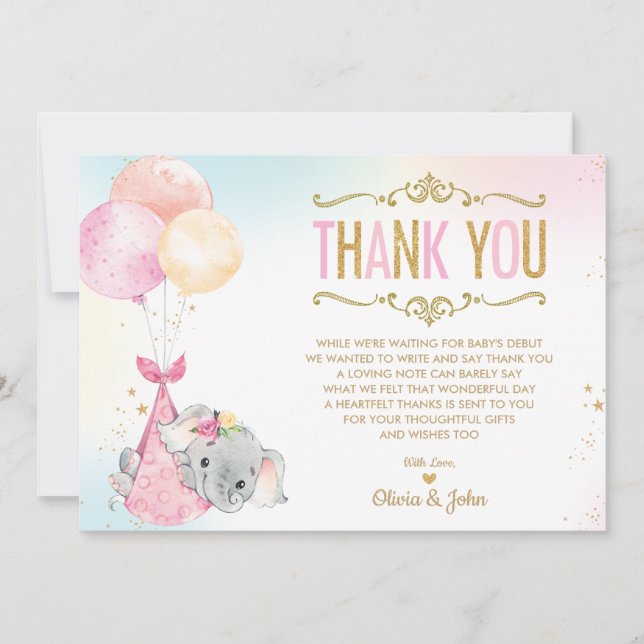Carte De Remerciements Bébée Baby shower de ballons éléphants saupoudré (Devant)