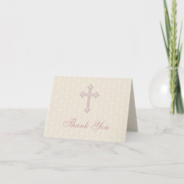Carte De Remerciements Beige Damask Pink Cross Thank You (Devant)