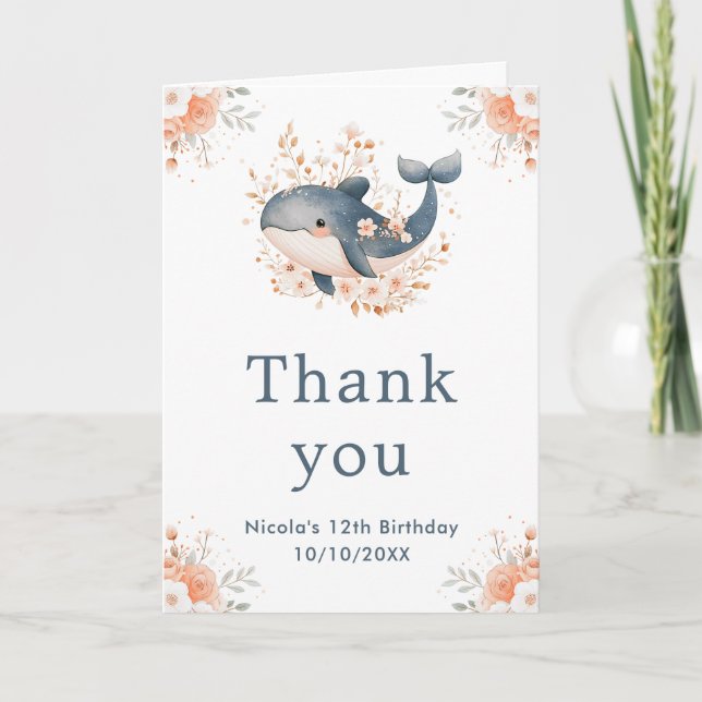 Carte De Remerciements Belle Baleine florale fête d'anniversaire (Devant)