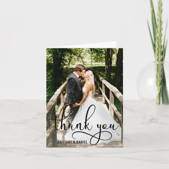 Carte De Remerciements Belle Calligraphie Script Photo Mariage Note (Devant)