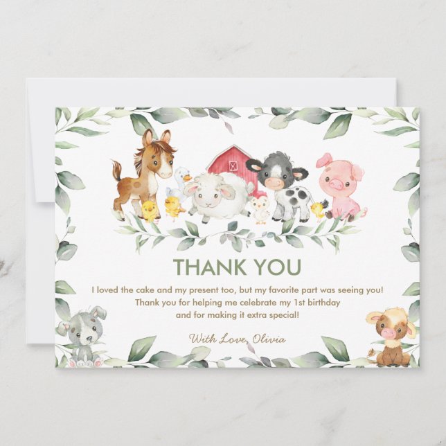 Carte De Remerciements Belle ferme Animaux Baby shower verdoyant Annivers (Devant)