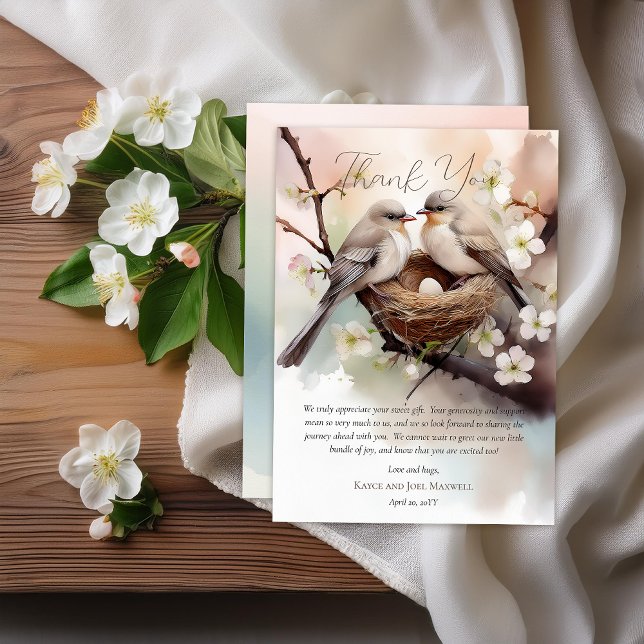 Carte De Remerciements Belle fête de nidification des oiseaux Baby shower (Beautiful Birds In Nest Nesting Party Gender Neutral Baby Shower Flat Thank You Card)