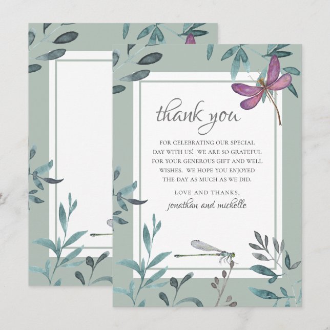 Carte De Remerciements Belle libellule et jardin Mariage de verdure (Devant / Derrière)