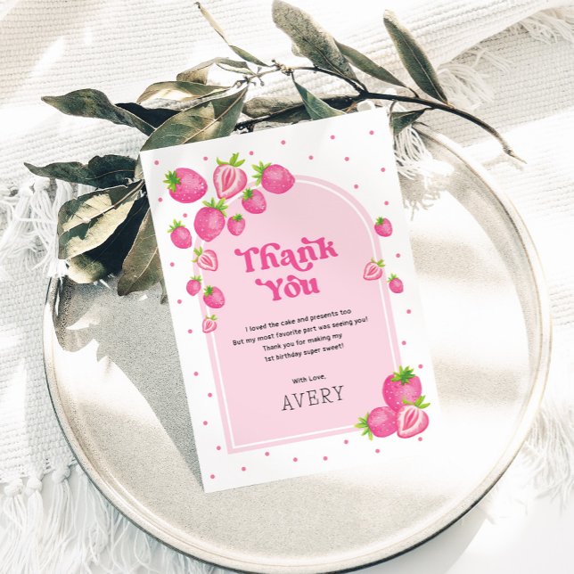 Carte De Remerciements Berry aux fraises roses mignonnes Premier 1er anni (Créateur téléchargé)