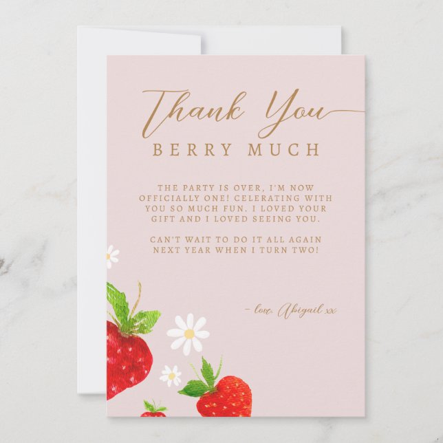 Carte De Remerciements Berry First 1st Strawberry Birthday Photo (Devant)