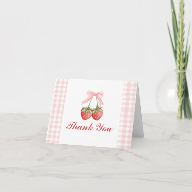 Carte De Remerciements Berry Sweet fraise anniversaire Pink Bow En vichy (Devant)