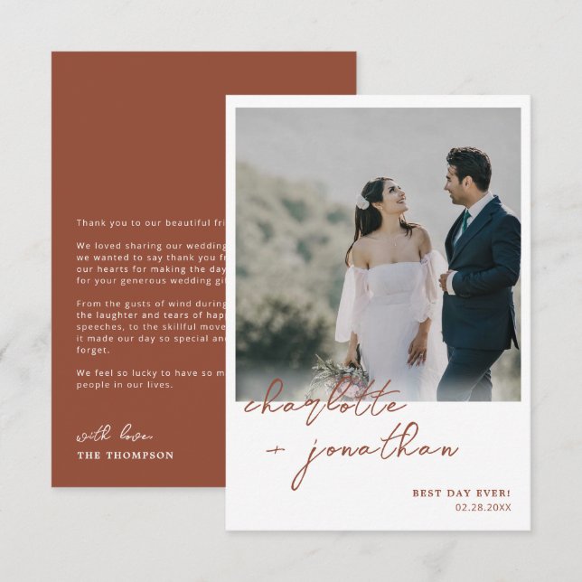 Carte De Remerciements Best Day Ever Terracotta Script Mariage photo (Devant / Derrière)