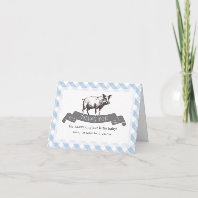 Carte De Remerciements Bibs & Ribs BBQ Rustique Bleu En vichy Baby shower (Devant)