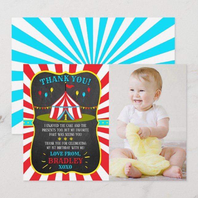 Carte De Remerciements Big Top Carnival Carnival Chalkboard 1er anniversa (Devant / Derrière)