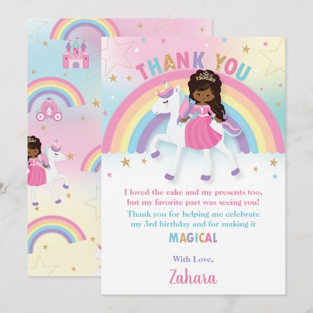 Carte De Remerciements Black African Princess Rainbow Unicorn Anniversair (Devant / Derrière)