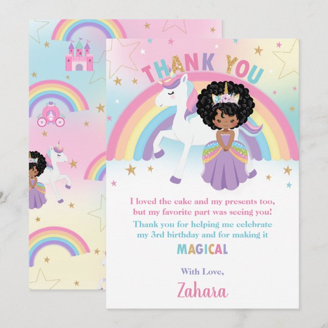 Carte De Remerciements Black African Princess Rainbow Unicorn Anniversair (Devant / Derrière)
