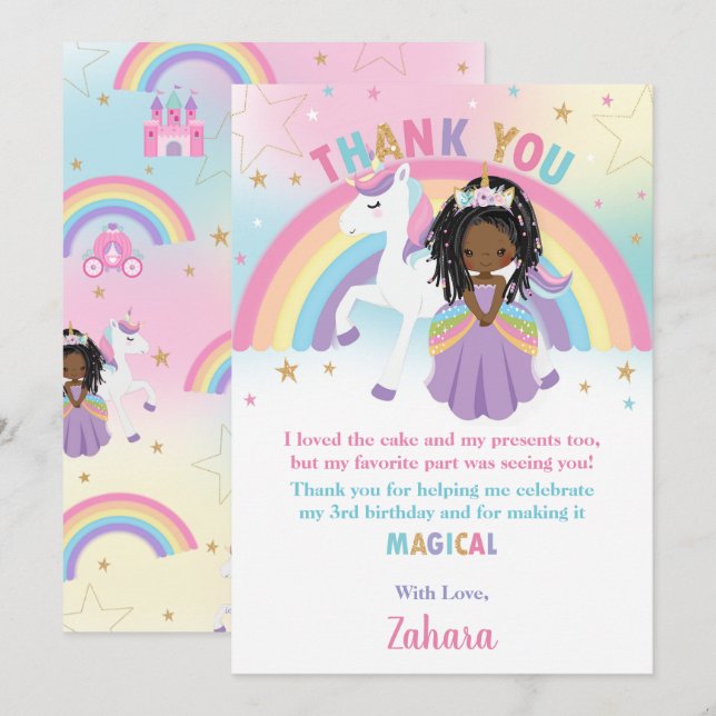 Carte De Remerciements Black African Princess Rainbow Unicorn Anniversair (Devant / Derrière)