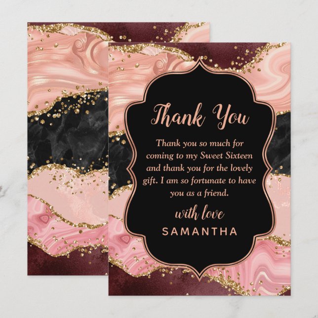 Carte De Remerciements Black and Pink Sequins Agate Sweet Seize (Devant / Derrière)