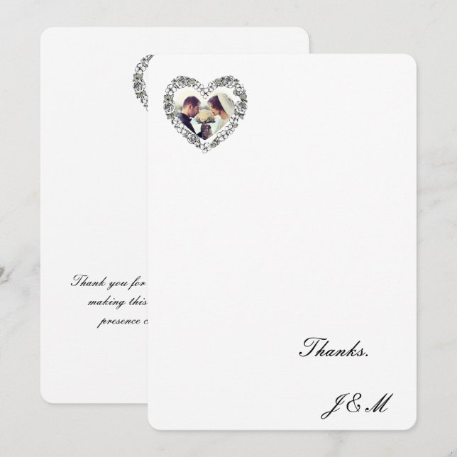 Carte De Remerciements Black and White Floral Heart  Wedding Thanks Cartd (Devant / Derrière)