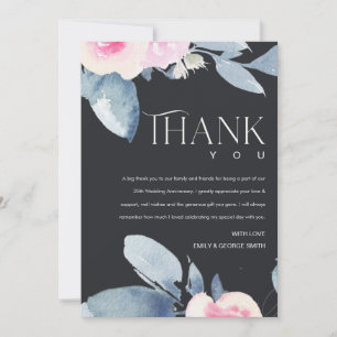 CARTE DE REMERCIEMENTS BLACK BLUSH BLEU FLORAL 25E TOUTE ANNÉE ANNIVERSAI