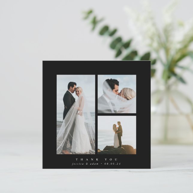 Carte De Remerciements Black Elegant Carré Trois Mariage photo (Debout devant)