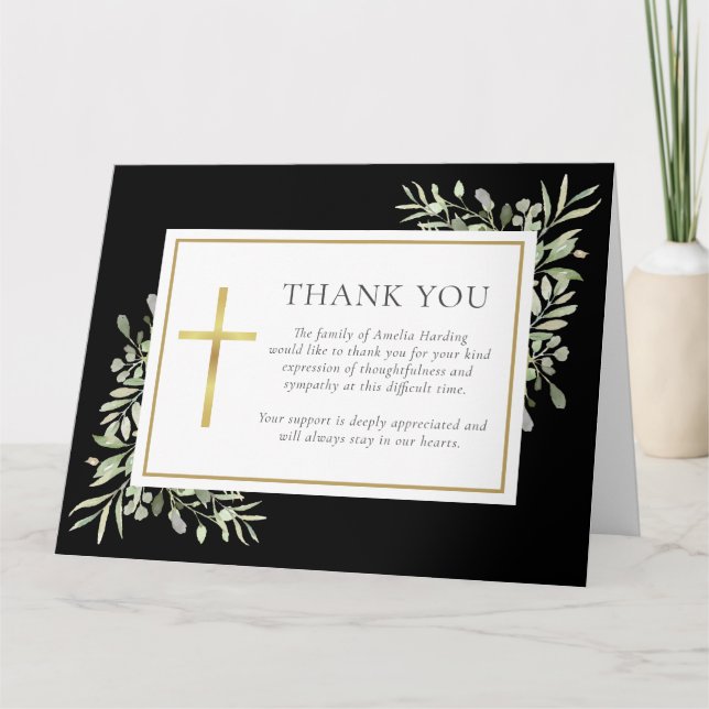 Carte De Remerciements Black Gold Christian Funeral Aquarelle verte (Devant)