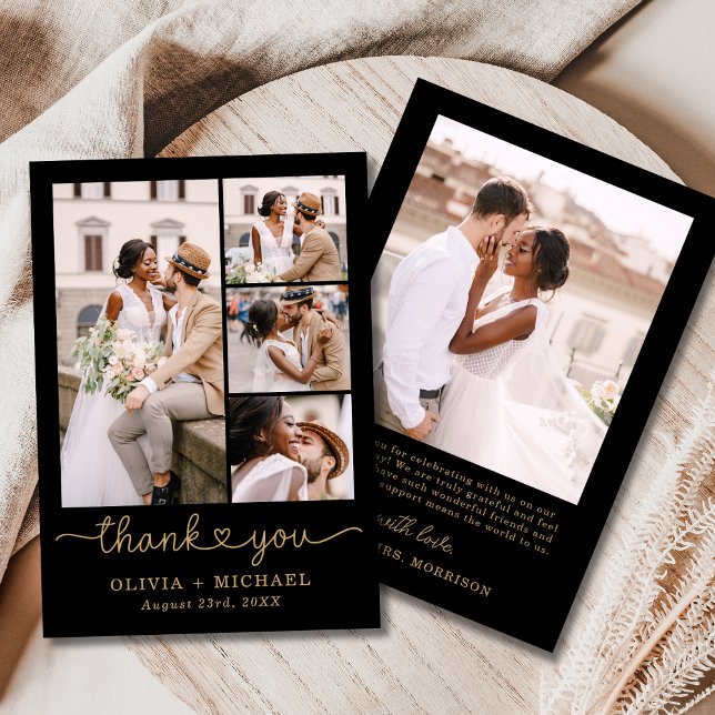 Carte De Remerciements Black Gold Cinq photo Collage Mariage de script (Créateur téléchargé)