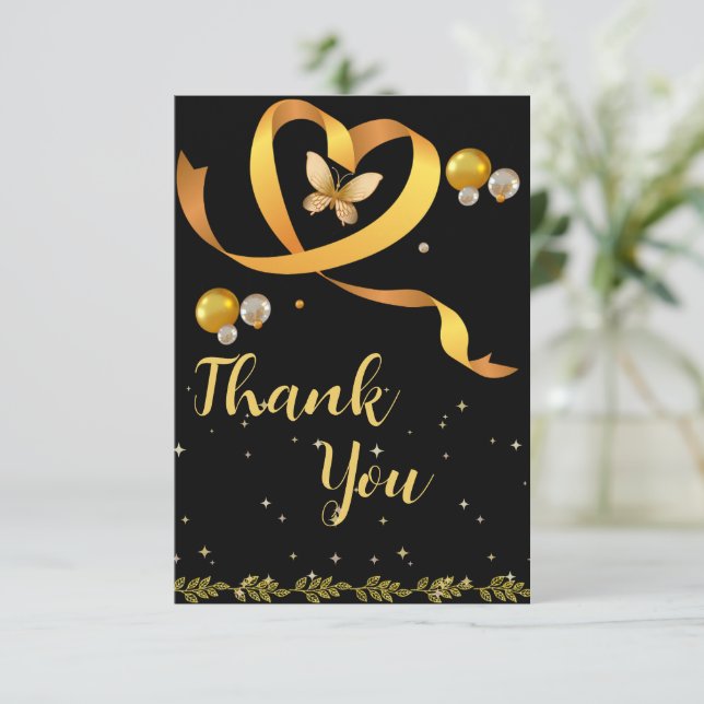 Carte De Remerciements Black & Gold Simple 10e anniversaire de Mariage (Debout devant)
