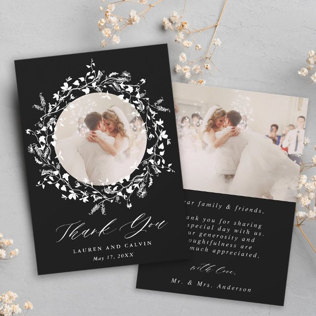 Carte De Remerciements Black Modern Boho Fleur sauvage Mariage 2 Photo (Front & Back)